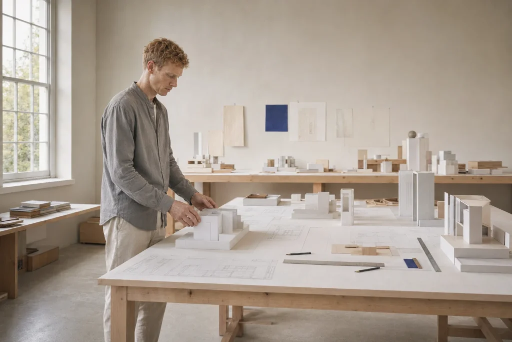 Emil Varen pracujący z białymi modelami architektonicznymi w jasnej pracowni.